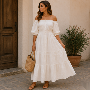 Off The Shoulder Maxi <b>Dress</b> With Puff Sleeves Elastic Waist <b>Boho</b> Style Rayon A-Line Loose Fit <b>Summer</b> Casual <b>Dress</b> - Product Image 1