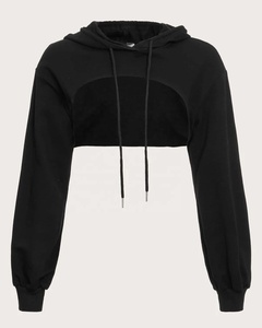 Sudadera con capucha corta extralarga negra lisa personalizada para mujer, con cordón, de felpa francesa, con abertura frontal y manga larga - Product Image 1