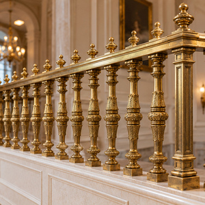 Rampe et balustrade en métal classiques dorées avec balustres tournés gravés et poteaux à embouts ornementés - Product Image 4