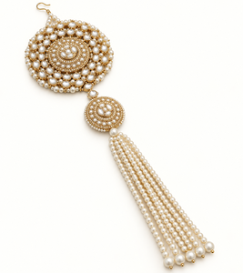 <b>Indian</b> Bridal CZ Stone <b>Hair</b> Braid Ornament Multi Layer Pearl Beaded Choti Patti Tassel Traditional Wedding <b>Hair</b> <b>Accessory</b> Womens - Product Image 1
