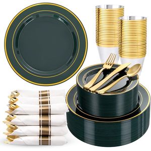 50 Platos de Plástico Verde y Dorado, Vajilla de Plástico Verde para 350 Invitados con Servilletas Enrolladas, Decoraciones para Fiestas/Cumpleaños - Product Image 1
