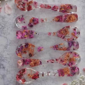 Unique Resin Spoon Set for Kitchen and Gifting Use Features Hand Carved Design Swirls and Mother of Pearl Detailing - Product Image 1