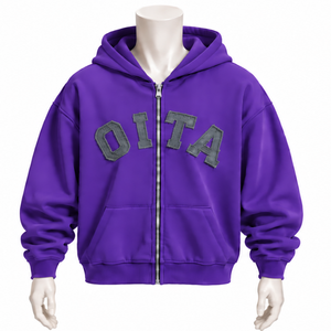 Purple Mens <b>Zip</b> Up <b>Hoodie</b> Chenille Letter Patch Heavyweight Fleece Oversized Casual Streetwear Sweatshirt with Kangaroo <b>Pockets</b> - Product Image 1