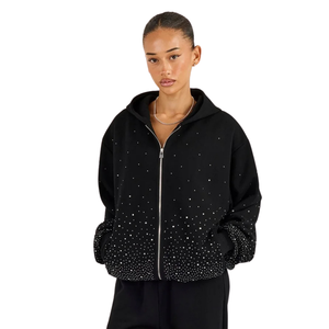 Womens Full Zip Hooded Tracksuit Set Rhinestone Embellished Top Wide Leg <b>Trouser</b> Elastic Waist Two Piece Party Outfit Athleisure - Product Image 3