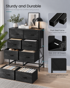 Modern <b>8</b>-Drawer Dresser in Ebony Black with Steel <b>Frame</b> for Bedroom Storage Furniture - Product Image 3