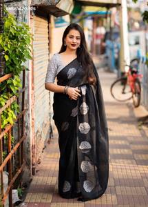 Sari en lin de qualité supérieure avec Butta jacquard brodé Zari et Pallu à pompons, Blouse brodée de sequins – Vente en gros - Product Image 4