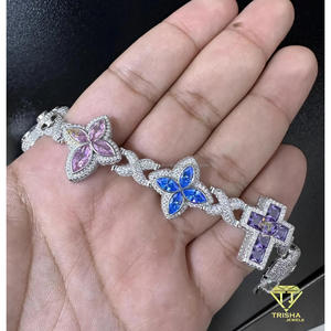 Bracelet Tennis de Luxe Moissanite Givrée Multicolore avec Maillons Croisés en Forme de Fleur, Bijoux Hip Hop Bling Plaqué Or 14K Rhodié Pierres Roses - Product Image 6