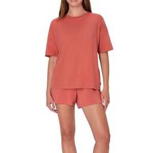 Women's Coral 2-Piece <b>Knitted</b> <b>Set</b> Short Sleeve Top With Above Knee Shorts Solid Crew Neck Loose Fit Breathable Spring Summer - Product Image 1