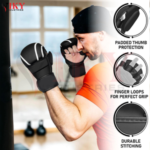 Guantes de Artes Marciales Mixtas (MMA) de Piel Sintética Blanca/Negra con Palma Abierta, Ajustables con Gancho, de Buena Calidad y Marca Privada - Product Image 6