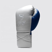 Gants de kickboxing en cuir véritable de qualité supérieure, modèle dernier cri, bleu gris, à lacets, logo personnalisé, compétition de Muay Thai
