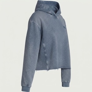 Heavyweight Vintage Copped <b>Hoodies</b> No Strings Distressed Embroidery Patch Unisex Raw Hem Acid Washed Cropped Hoodie <b>Men</b> - Product Image 5