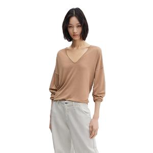 Camiseta de Mujer con Cuello en V y Manga Tres Cuartos, 100% Modal, Tejido de Punto, Corte Holgado, Color Sólido, Transpirable, para Todas las Temporadas, Estilo Minimalista - Product Image 1