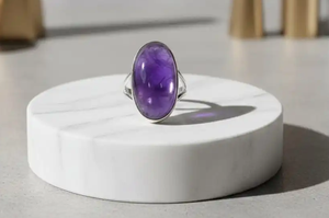 High Quality Sterling <b>Silver</b> Luxury Engagement <b>Ring</b> with Oval Amethyst and Black Obsidian Natural Gemstones for Women - Product Image 2