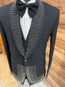 Men’s Black Rhinestone Embellished Tuxedo Suit – Luxury Wedding / Party Wear <b>Blazer</b> with Studded Shawl Lapel (3-Piece <b>Set</b>) - Product Image 1