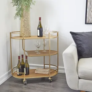 Chariot de service ovale en métal avec 3 étagères en bois, cadre doré, chariot de bar roulant pour la décoration de fêtes à domicile, style glamour, design durable - Product Image 1