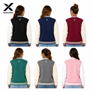 Veste universitaire pour femme X Sports City, manches en simili cuir, col rabattu, couleur unie, vêtement d'automne avec logo X sur les boutons avant - Product Image 2