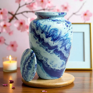 Blue Marble Cremation Urn Metal <b>Memorial</b> Vessel Adult Funeral <b>Keepsake</b> Urn with Drawstring Velvet Bag - Product Image 2