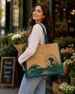 Sac de courses en jute grande taille à motif ondulé avec poignée d'épaule - Product Image 1