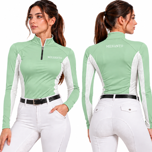 Camisa de equitación personalizada para mujer, con cremallera de un cuarto, manga larga, para competición, transpirable y de alto rendimiento. - Product Image 1