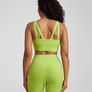 Soutien-gorge de sport pour femme à double bretelle large, vert lime, dos découpé, sans couture, antichoc, pour gym, fitness, yoga, coupe courte - Product Image 5