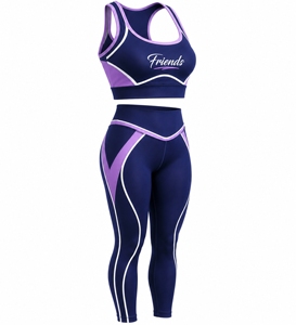 Ensemble de sport haut de gamme : Soutien-gorge de sport et Legging taille haute, Violet et Bleu marine avec bordure contrastante, Anti-transpiration, Tenue de yoga et d'entraînement 2 pièces - Product Image 2