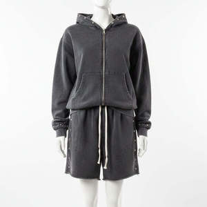 Ensemble de survêtement unisexe noir à capuche, coupe ample, sweat-shirt et short en coton, couleur unie, décontracté, pour l'automne, manches longues, taille élastique - Product Image 1