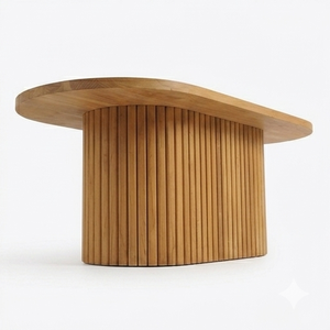 Table à manger ovale en bois massif moderne, base en piédestal cannelé, en teck artisanal, style minimaliste Japandi, pour la maison ou un restaurant - Product Image 3