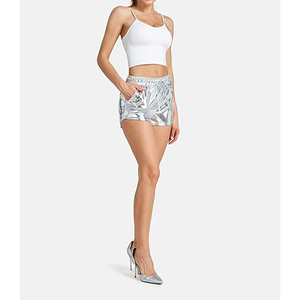 Silver Metallic Shorts Women Elastic Smocked Waist <b>Drawstring</b> Mirror Shiny Smooth Rave Dance Festival - Product Image 4