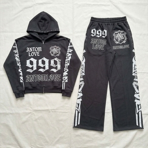 Custom Own Design Number Print <b>Tracksuit</b> | Studded Hood Full Zip Hoodie & Sweatpants Set | Streetwear <b>Y2K</b> Wholesale - Product Image 2