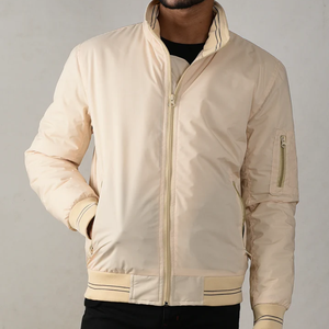 Chaqueta Bomber Beige para Hombre, Color Sólido, Cierre de Cremallera, Resistente al Viento, Cuello Redondo Informal, Tela de Nailon Ligera, Ropa de Otoño, Algodón - Product Image 3