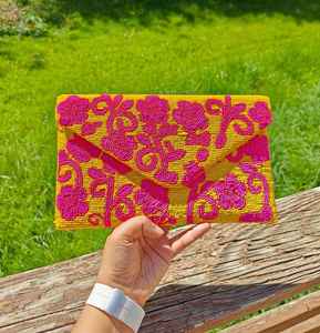 Handmade Seed Bead Clutch Bag Floral Embroidery Evening Purse Yellow Pink Beaded Envelope Wallet Women Party Wedding Handbag - Product Image 1