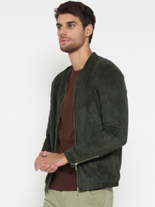 <b>Men's</b> Dark Green <b>Suede</b> Bomber <b>Jacket</b> Collarless Zipper Closure Casual Style Autumn Wear Regular Fit Solid Color - Product Image 2