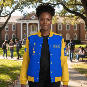 เสื้อแจ็คเก็ตผ้าทวิลล์ลาย Sigma Gamma Rho Sorority สำหรับผู้หญิง แจ็คเก็ตเบสบอลสไตล์วาร์ซิตี้สำหรับนักแข่งมอเตอร์สปอร์ต แจ็คเก็ตนักขี่มอเตอร์ไซค์ความเร็วสูง - Product Image 4