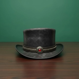 Premium <b>Black</b> Leather <b>Top</b> <b>Hat</b> with Structured High Crown Vintage Alternative Fashion Headwear for Cosplay - Product Image 1