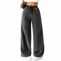 Pantalon de survêtement pour femme, taille basse, coupe large, en molleton respirant, délavé, décontracté, ample, avec cordon de serrage, couleur unie, longueur intégrale, hiver