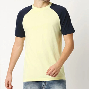 Camiseta de Manga Raglán para Hombre, Amarillo Claro, Azul Marino, Cuello Redondo, Corte Regular, Informal, de Jersey de Algodón Transpirable, Color Sólido, Manga Corta - Product Image 5