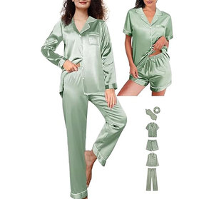 Conjunto de Pijama de Satén para Mujer, Manga Larga, Verde Sólido, Elegante, con Botones, Cuello Camisero, Cintura Media - Product Image 2