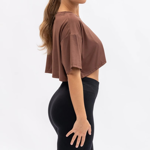Camiseta Corta Personalizada para Mujer, Color Marrón, Algodón, Corte Ajustado, Manga Corta, Lisa, Informal, para Gimnasio, Verano, Satinada - Product Image 2