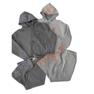 Chándal Gris con Capucha para Hombre, Manga Larga, Bordado de Llamas, Ropa Urbana, Cierre con Cordón, Bolsillos Laterales, Corte Regular - Product Image 4