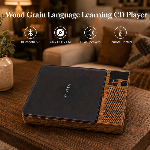 Wood Grain Language Learning CD Player with A-B Repeat Wireless Audio FM Radio and Built-in Speakers