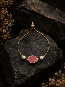 Gold Plated Chain Bracelet With Pink Stone And Imitation Pearl Women's Romantic Style Adjustable Link Jewelry - Product Image 4