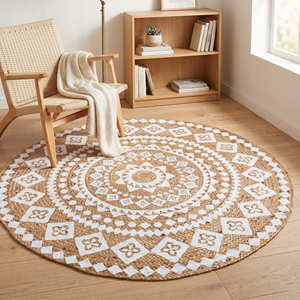 Vintage Distressed Medallion Printed <b>Round</b> Braided Jute Rug for Bohemian Living Room Eclectic & Global Style Interiors - Product Image 4