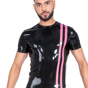 Men's Black Glossy Short Sleeve Slim Fit T-Shirt O-Neck With <b>Pink</b> Stripes Contrast Trim Street Style - Product Image 4