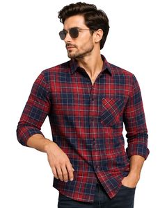 Camisa de Franela a Cuadros Roja y Azul Marino Personalizada para Hombre, Corte Ajustado, con Botones, Manga Larga, de Algodón, Estilo Casual y Urbano - Product Image 1