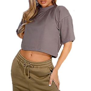 T-shirt court à col haut, tendance, style moderne, tissu lisse, élégant, décontracté, pour femme. - Product Image 4