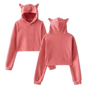 Sweat-shirt court à capuche rose pour femme avec oreilles de chat, tricoté, manches longues, couleurs unies, décontracté, pour l'hiver, vente en gros - Product Image 1