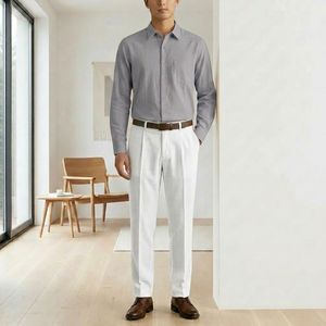 Ensemble chemise et pantalon pour homme, 100% polyester tissé, respirant, bleu clair, manches longues, boutonné, pantalon plissé, tenue décontractée pour le bureau - Product Image 4