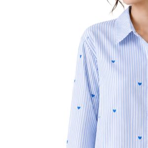 Camisa de Mujer a Rayas Blancas y Azul Claro, con Botones, Manga Larga, Blusa de Algodón, Bordado de Corazón, Corte Holgado, Estilo Casual, Talla Grande - Product Image 3
