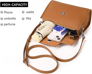 Sac à main en cuir véritable pour femme, fermeture à rabat, avec bandoulière amovible, style classique, décoration boutonnée, sac à main pour usage quotidien - Product Image 5