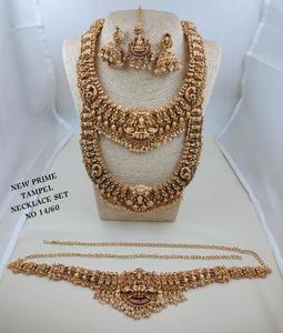 Traditional Lakshmi Temple Necklace <b>Set</b> Indian Bridal Antique Plated Long Short Haram Earrings Kamarbandh Wholesale Jewelry <b>Set</b> - Product Image 1